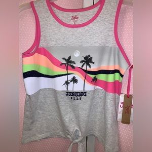 Girls size L 12-14 Tank top. Sparkly retro waves Palm trees justice surf